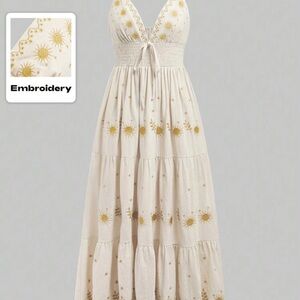 Star Embroidery Spaghetti Strapped Patterned Maxi Dress